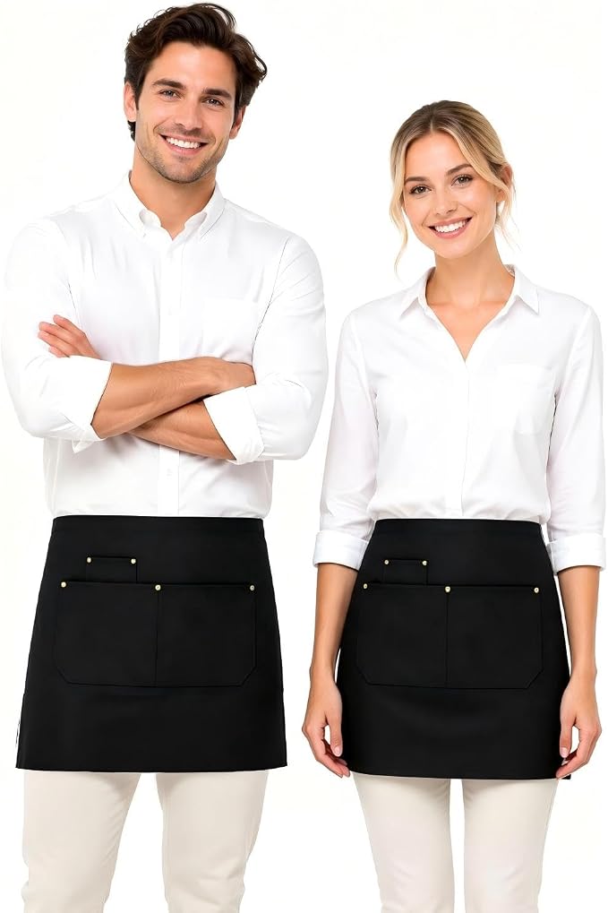 Work Server Apron for Men Women 2PCS with 3 Pockets for chef, waitress | Black Waist Apron for Waitress, Waiter, Barista, Ideal for Cafe, Bar, Gardening, Cooking, BBQ, Painting, Cleaning by APRONPANDA