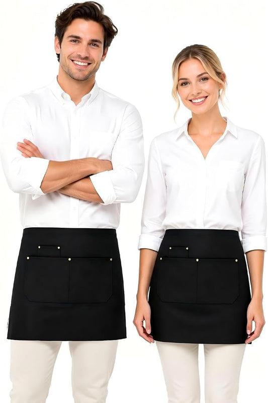Work Server Apron for Men Women 2PCS with 3 Pockets for chef, waitress | Black Waist Apron for Waitress, Waiter, Barista, Ideal for Cafe, Bar, Gardening, Cooking, BBQ, Painting, Cleaning by APRONPANDA
