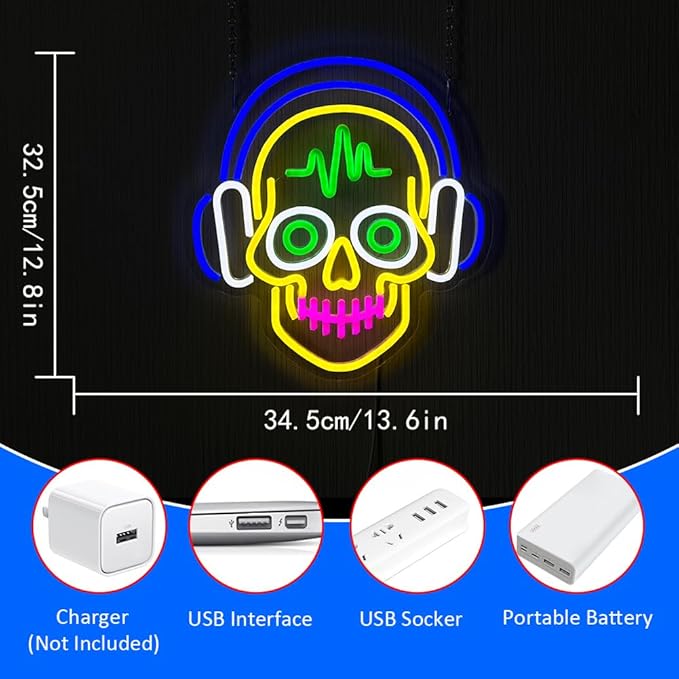 Skull Neon Lights for Wall Decor, Neon Halloween Sign, Light Up Signs USB Dimmable Led Lights Signs for Bedroom Man Cave Bar Pub Home Party Christmas