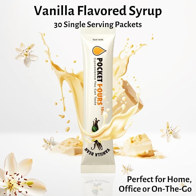 Pocket Pours Vanilla Bean Coffee Syrup - 30 Single-Serve Packets, Dairy-Free Liquid Flavoring for Coffee, Lattes & Cold Brew, Made in USA - Image 2