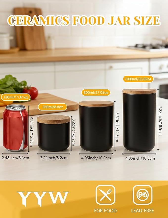 YYW Ceramic Food Storage Containers with Lids, Kitchen Canisters for Countertop, Black Food Containers Jar for Flour, Coffee Bean, Sugar, Tea, Spices and More, Home Decor (260ml/8.79oz)
