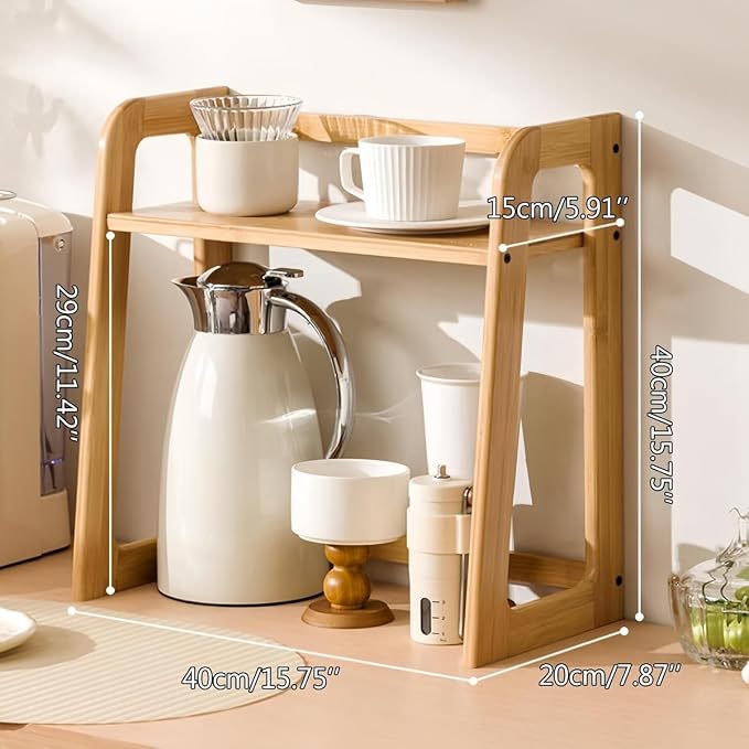Natural Bamboo Coffee Station Organizer, 2-Tier Wooden Kitchen Counter Shelf for Bar Accessories, Multi-Functional Countertop Storage Rack for Syrup Bottles & Coffee Essentials (Natural Bamboo) - Image 3