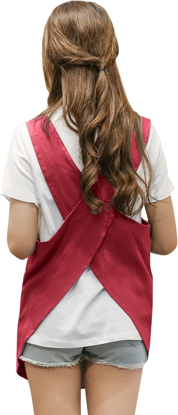 Shortened Design Apron, Japanese Style Soft Cotton Linen Apron with Two Side Pockets, X Cross Halter Aprons, Kitchen Cooking Clothes Gi/ft for Women DIY Project, Crafting, Cooking, Baking(Wine Red) by KKTOCHVC