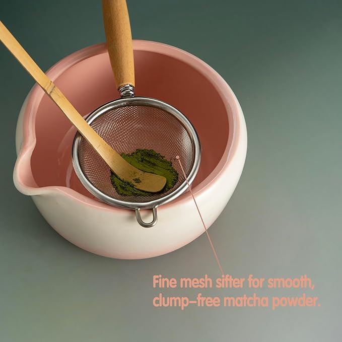 Matcha Set - Ceremonial Matcha Gift Set Includes: Matcha Bowl, Whisk Holder, Bamboo Whisk & Scoop and Stainless Steel Sifter