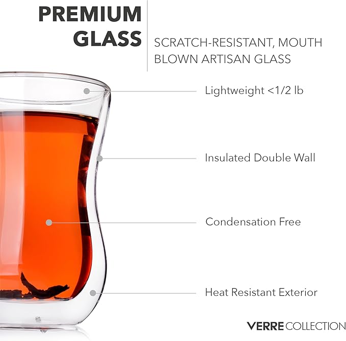 Turkish Tea Cups 4.25 oz, Lightweight Turkish Tea Glasses, Heat Resistant Double Wall Tea Cups, Insulated Turkish Tea Set of 2