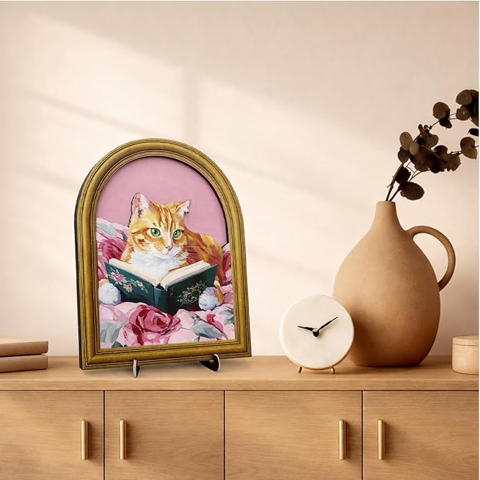 3D Pink Cute Cat Reading Table Decor Sign, Vintage Cat with Book Wall Art Sign for Home Bedroom Reading Room Desk Wall Shelf Decor 8x10 Inch