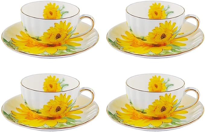 Ceramic Teacup Sunflower Vintage Chintz Porcelain Coffee Mug Tea Cup with Saucer,Set of 4