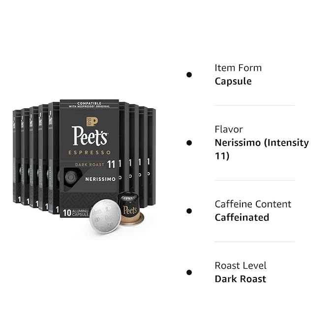 Peet's Coffee, Dark Roast Espresso Capsules, Compatible with Nespresso Original Machine - Nerissimo Intensity 11, 100 Count (10 Boxes of 10 Espresso Capsules) (Pack of 2)