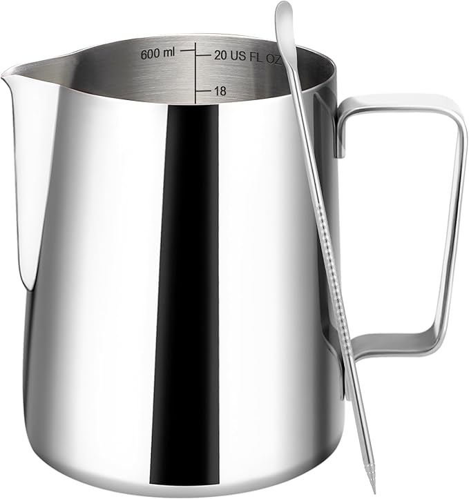 Milk Frothing Pitcher, 20oz Milk Frother Cup with Clear Scale, 304 Stainless Steel Cappuccino Espresso Machine Accessories for Barista Coffee Bar with Latte Art Pen, Silver