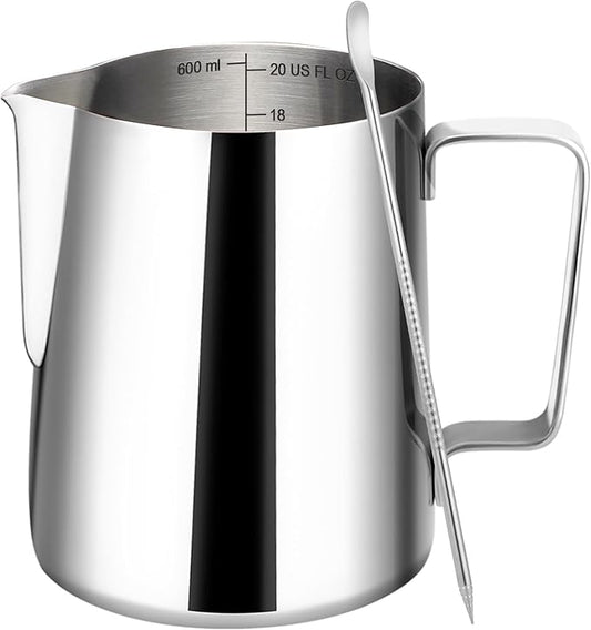 Milk Frothing Pitcher, 20oz Milk Frother Cup with Clear Scale, 304 Stainless Steel Cappuccino Espresso Machine Accessories for Barista Coffee Bar with Latte Art Pen, Silver