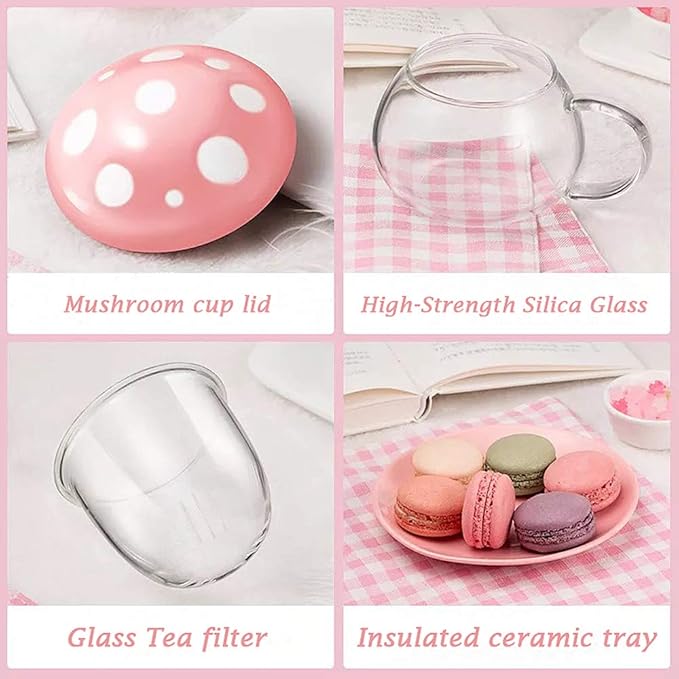 Mushroom Tea Cup Set, Cute Glass Tea Cups and Saucers, Kawaii Tea Cup with Infuser for Loose Leaf Tea Steeper, Coffee Mug Christmas Gifts for Women,Tea Infuser Mug with Lid for Mother Girls (Yellow)