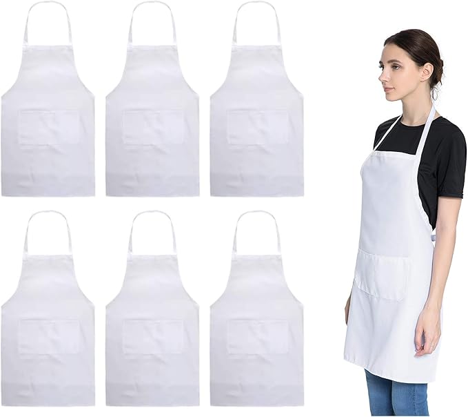 Total 6PCS White Apron for Women Adult Unisex Plain Color Bib aprons with 2 Front Pockets Washable Chef Aprons for Cooking Baking Kitchen Restaurant Crafting by LOYHUANG