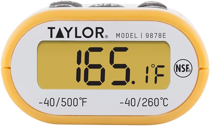 Taylor Compact Waterproof Digital Food Thermometer, 4.5 Inch Stem Length with an FDA Recommended 1.5mm Stepdown Probe Diameter and Amber Backlit LCD, HOLD, Min/Max; NSF, Yellow