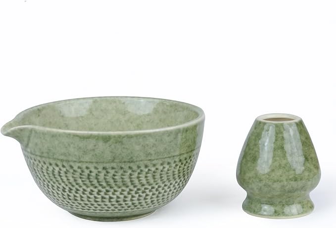 Japanese Matcha Bowl, Glazed Ceremonial Matcha Bowl with Whisk Holder for Matcha Powder/Matcha Tea/Japanese Matcha, 2 Color Options (Prasinous(Spout))