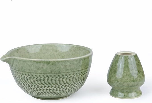 Japanese Matcha Bowl, Glazed Ceremonial Matcha Bowl with Whisk Holder for Matcha Powder/Matcha Tea/Japanese Matcha, 2 Color Options (Prasinous(Spout))