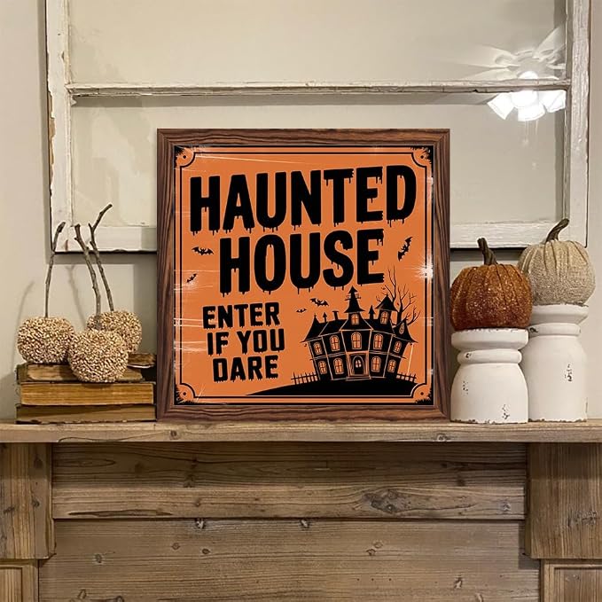 Vintage Halloween Haunted House Enter If You Dare Wooden Sign 7.87x7.87 Inch, Halloween Wall Art Wooden Sign For Porch, Bathroom, Cafe, Bar, Office Hanging Decor - Image 6