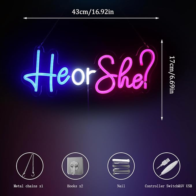 He or She Neon Signs Led Gender Reveal Party Decorations Neon Letters Signs Pregnancy Announcement Party Supplies Baby Shower Yard Signs(Pink-blue) - Image 8