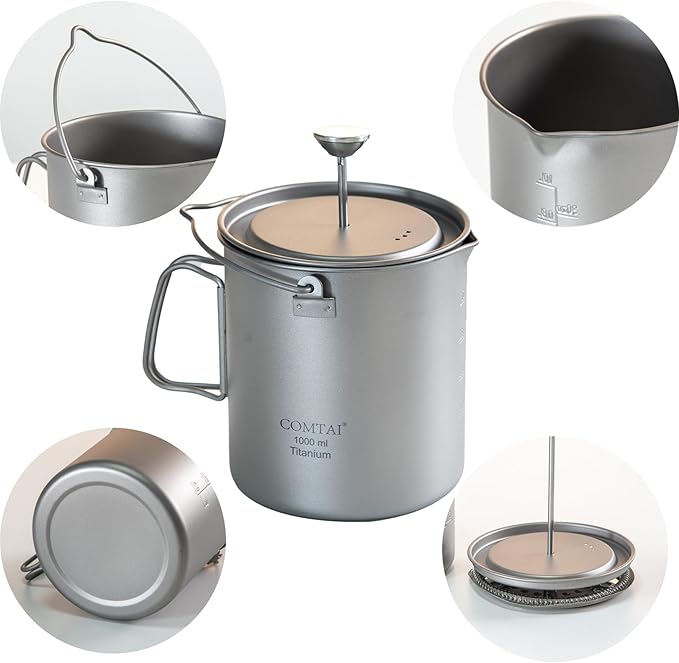 Titanium French Press Pot 1000mL/35 fl ozCoffee Maker Camping with Lid and Filter Titanium French Press Cup Backpacking for Outdoor Hiking Camp (1000ml)