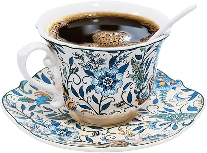 Bone China Tea Cup and Saucer Set with Spoon，Elegant Floral Tea Cup Set (7 oz)，British Coffee Latte Mug for Mother's Day Gifts