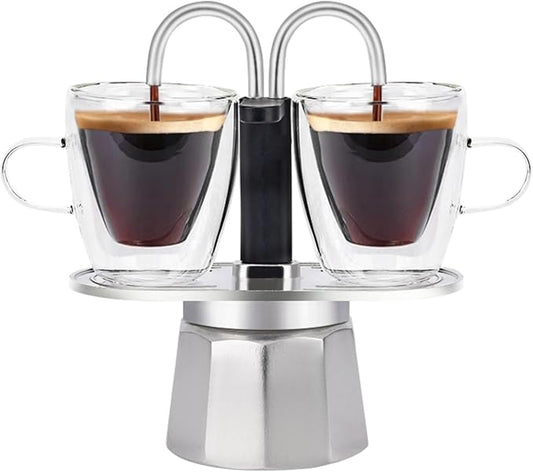MVPLUE-Mini Express Double Tube Moka Pot Aluminum Silver,Share fresh delicious coffee with a friend