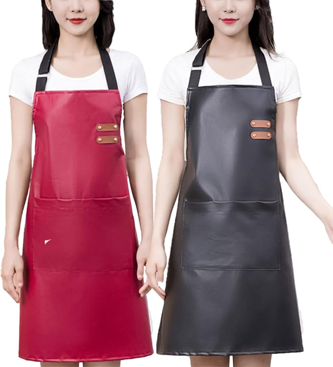 Waterproof Apron Large Pocket PU Material Waterproof Oil-proof Dust-proof Apron Black and Red by NailArtTools
