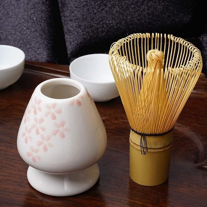 Matcha Tools ，Matcha Whisk Holder， Matcha Chasen Whisk Stand ，Ceramic Holder ，Matcha Bowl ，Traditional Japanese Tea Ceremony Starter (Cherry blossom Ceramic Holder，Whisk ， 4 set)