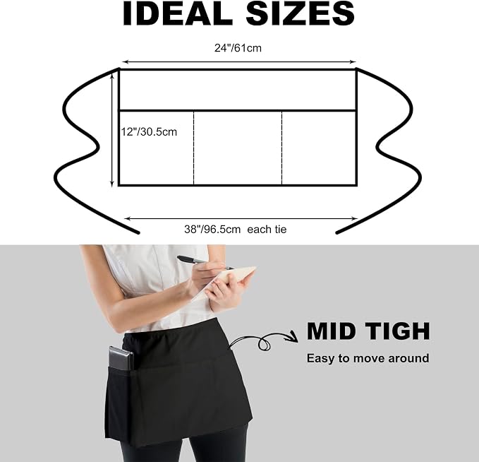 PLOYMONO 2P Black Server Apron with 3 Pockets, Short Waist Waitress Apron | Polyester Short Waiter Apron with 3 Deep Pockets, Great for Restaurant Servers, Bartenders, Hosts, Baristas - Image 4
