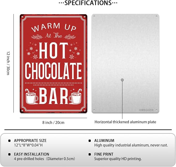 Christmas Signs Home Decor Vintage Art Poster Metal Hanging Plaque Kitchen Cafe Bar Farmhouse Porch Yard Outdoor Indoor Decorations Funny Xmas Gift 8X12 Inch (Hot Chocolate Bar Red Sign) - Image 2