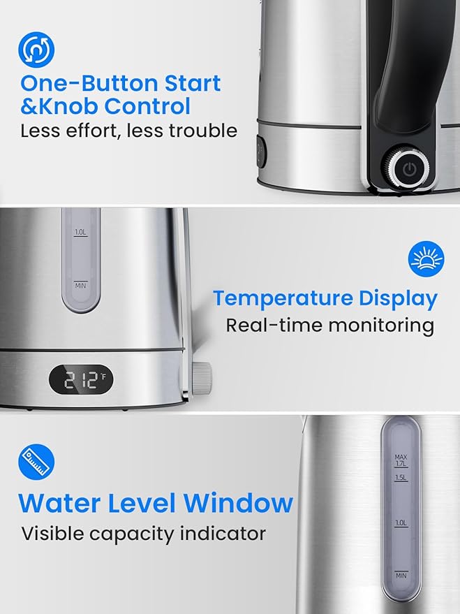 Kismile 1.7L 1500W Electric Kettle with 7-Precision Temperature Control, 2h Keep Warm, Auto Shut-Off, Water Level Window, Water Boiler for Coffee & Tea
