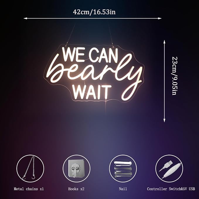 "We Can Bearly Wait" Neon Signs Led Gender Reveal Party Decorations Neon Letters Signs Pregnancy Announcement Party Supplies Baby Shower Yard Signs(warm white) - Image 8