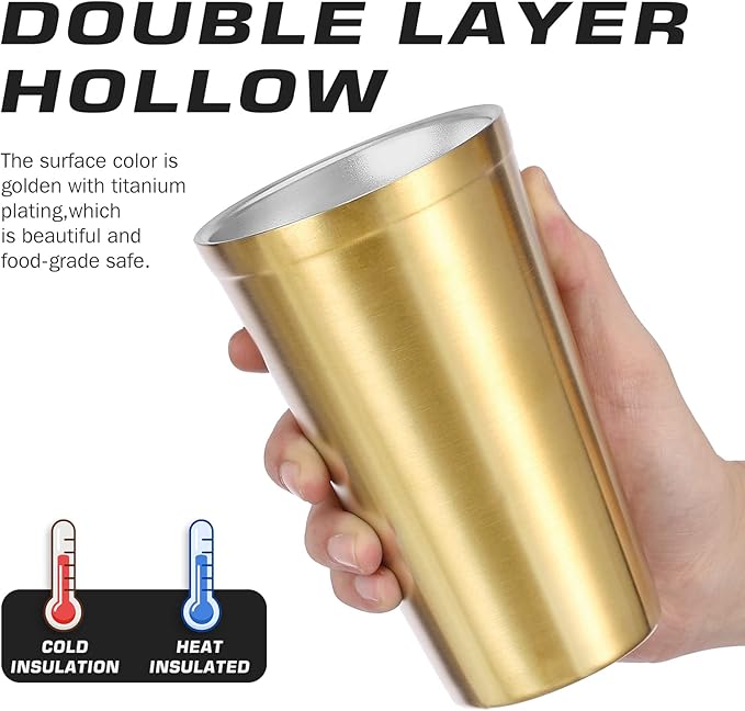 Stainless Steel Double Walled Insulated Cups(Set of 2) Stackable, Coffee Cup/Tea Cup/Chilling Beer Glasses, Great for Kids, for Travel, Outdoor,Camping&Everyday, 16oz(Gold)