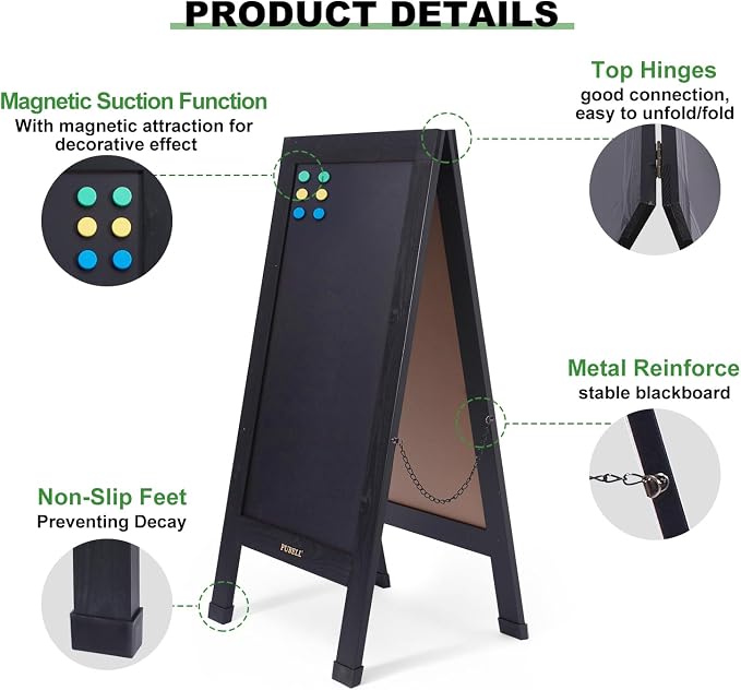 Large Sandwich A-Frame Chalkboard Sign - 40 x 20 Inches Magnetic Wooden Chalk Board for Sidewalk, Stand up Double-Sided Outdoor Easel Display for Restaurant Cafe Shop Wedding Party or Business（Black） - Image 3