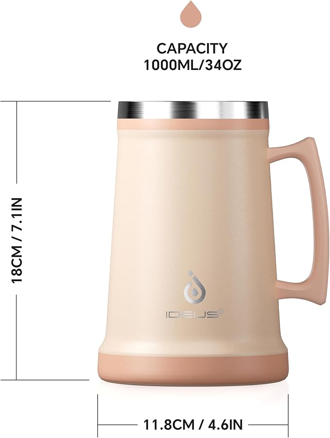 Ideus Insulated Beer Stein, 24/32oz Stainless Steel Double Walled Beer Mug Giant Bar Drinkware Metal Beer Cup with Big Grip Handle (Pale Nude, 34 ounces (1,000ml))
