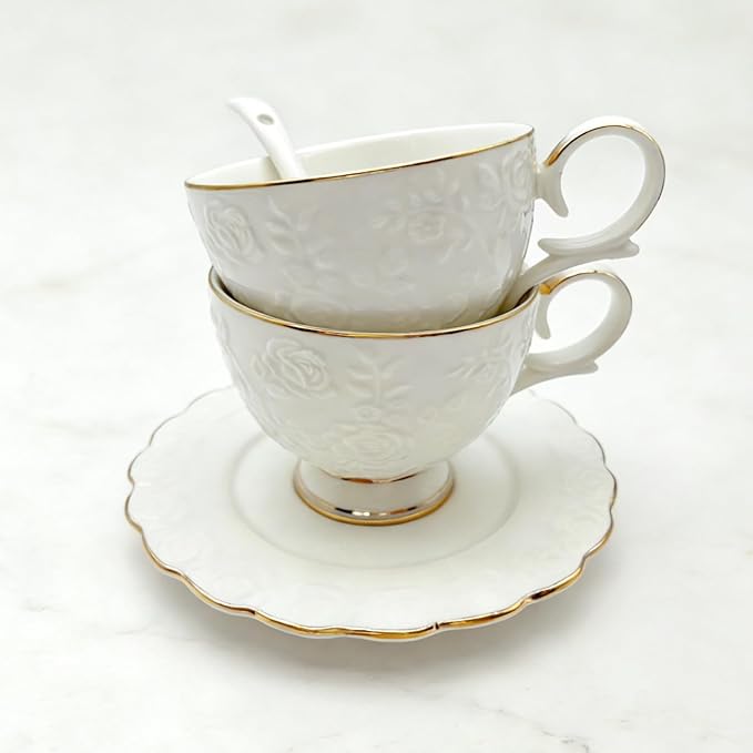 Tea Cup and Saucer Set for 1, Coffee Cup with Saucer and Spoon, Espresso Latte Cup for Women Gift, Dishwasher Safe, 6.8 Oz
