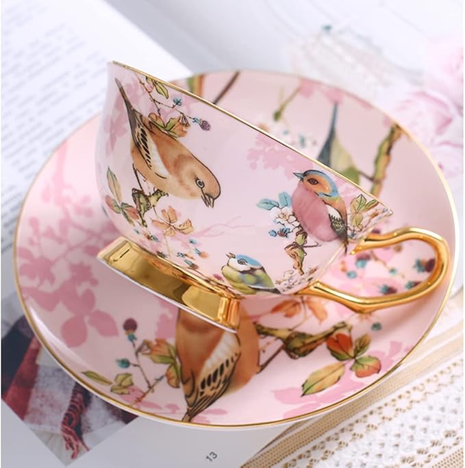 Pink Bird Porcelain Tea Cup Set with Saucer and Spoon - 7oz, Cappuccino and Latte Cups, Mother's Day Gift