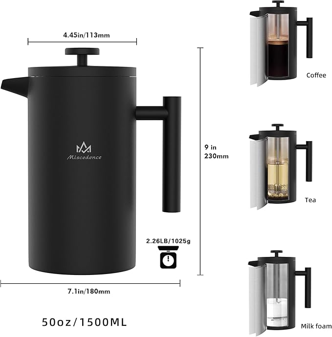French Press Coffee Maker, 50OZ Double Wall Vacuum Insulated 304 Stainless Steel for Home, Camping and Office