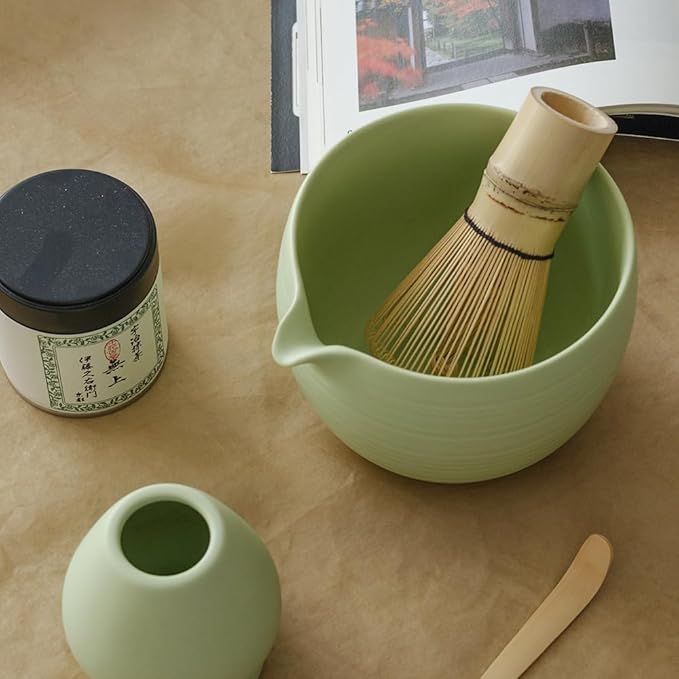 Matcha Whisk Set, Ceramic Matcha Bowl & Whisk Holder, Bamboo Accessory, Modern Design (Matte Crème, Pouring Spout) (Mint Green)