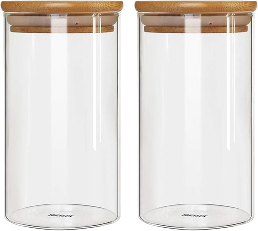 Glass Storage Jar With Airtight Seal wooden, Lid, 25 Ounce Set of 2, 750ml Coffee Bean and Kitchen Food Container