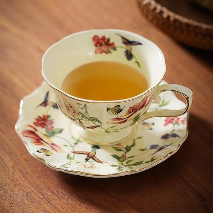 8 oz Vintage flower Ceramic cup and 6" saucer set with Brand customized stainless steel spoon Gifts for Afternoon Tea Coffee Hour (G)