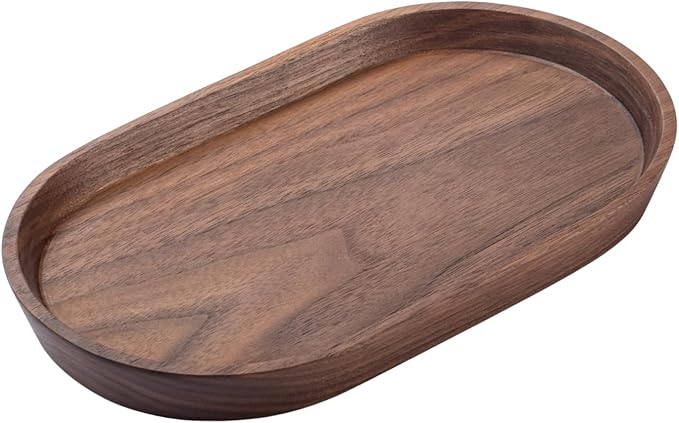 Wooden Mini Serving Tray for Parties, Tea&Coffee Table Tray, Small Oval Wood Plate for Fruit&Snacks, Decorative Tray for Jewellery Key Coin, Tray for Bathroom (Walnut, 7.8”×4.66”)