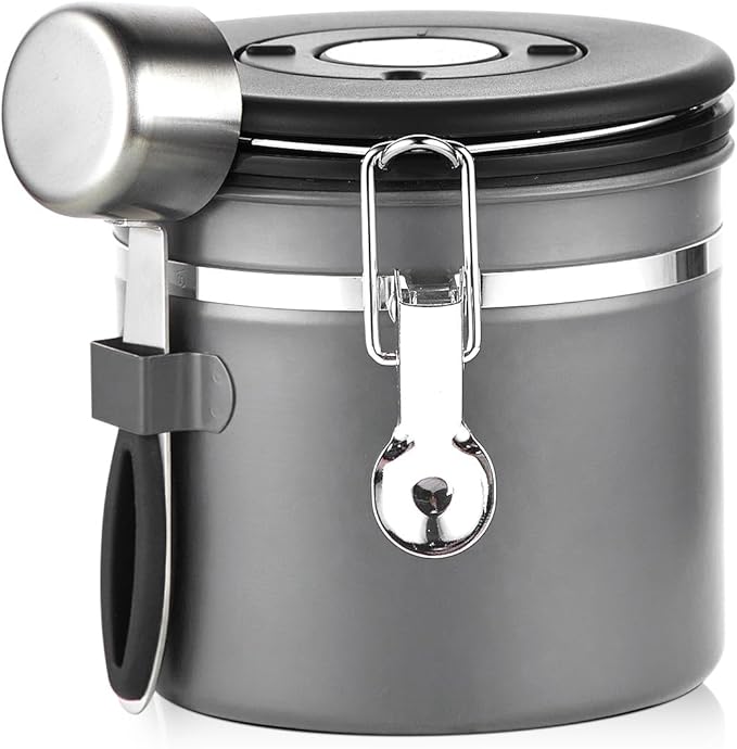 Bincoo Coffee Canister, Small Stainless Steel Coffee Bean Storage Container with Date Tracker, Airtight Coffee Canister with CO2 Valve & Free Scoop (800ML-Grey)