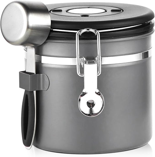 Bincoo Coffee Canister, Small Stainless Steel Coffee Bean Storage Container with Date Tracker, Airtight Coffee Canister with CO2 Valve & Free Scoop (800ML-Grey)
