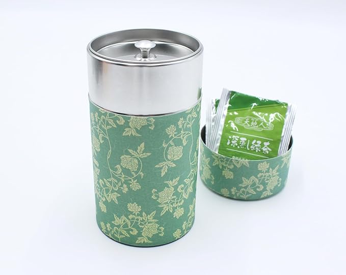 Japanese Pokkan Matcha Coffee Spice Tea Tin Canister Washi Paper Storage with Lid 7.05 oz Capacity (Hana Karakusa)