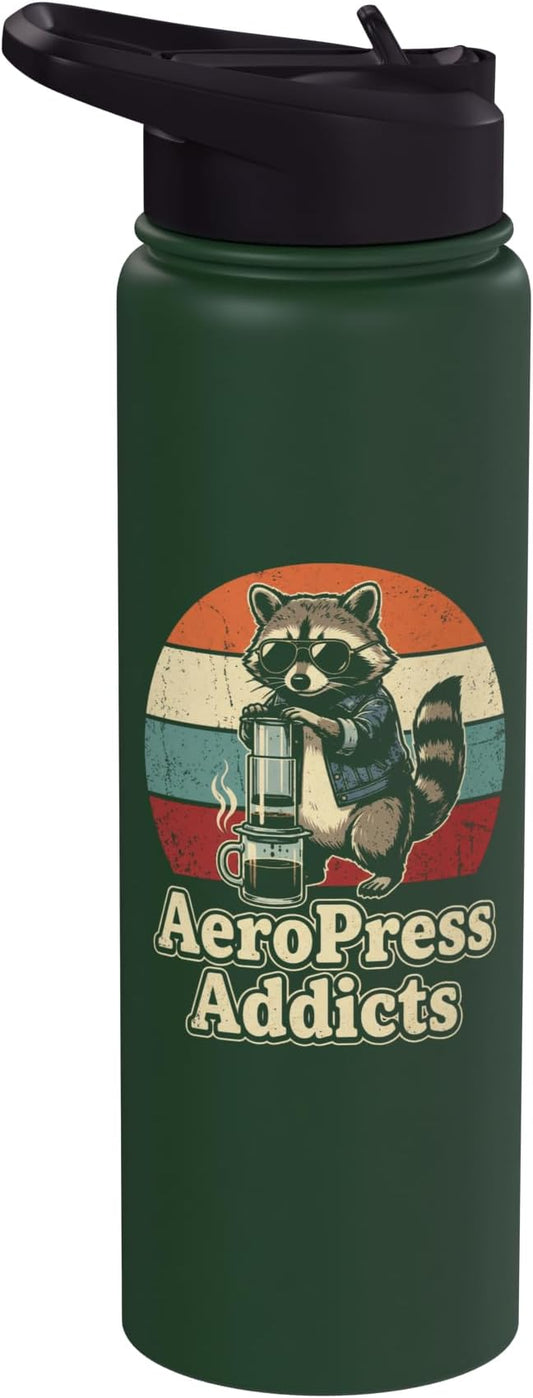 Retro Raccoon Coffee Lover Shirts AeroPress Addicts Stainless Steel Insulated Water Bottle