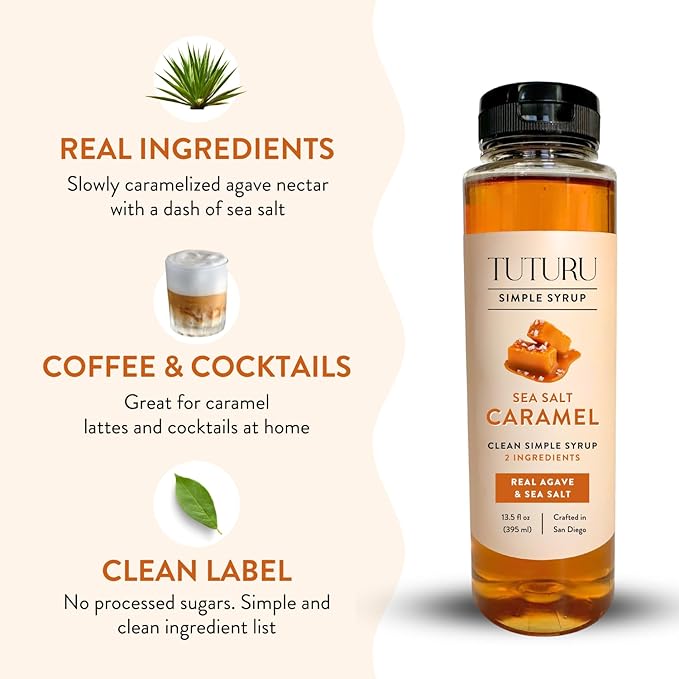 Caramel Agave Simple Syrup for Coffee & Cocktails - Sweetened with Organic Agave Nectar - Infused with Real Sea Salt - 13.5 oz