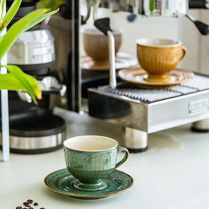 WAIT FLY Vintage Embossed Ceramic Coffee Mug with Saucer Set, Espresso Cup, Tea Cup, Breakfast Cup and Dessert Plate-Green-8 OZ
