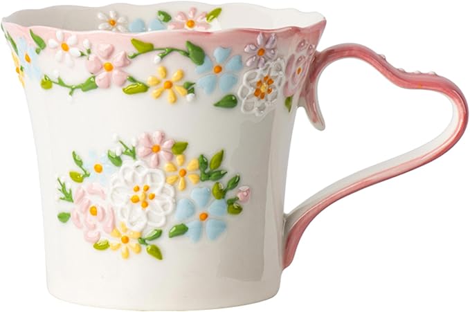 12oz Embossed Floral Ceramic Coffee Mug – Handcrafted Cottagecore Pottery Cup with Vintage Pastel Design, Dishwasher & Microwave Safe, Romantic Gift Mug for Her