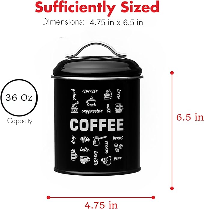 Amici Home Coffee Fix Metal Coffee Canister | Black Metal Storage Container with Handles | 36 Ounce Capacity | Coffee Canister with Lid for Kitchen Countertop
