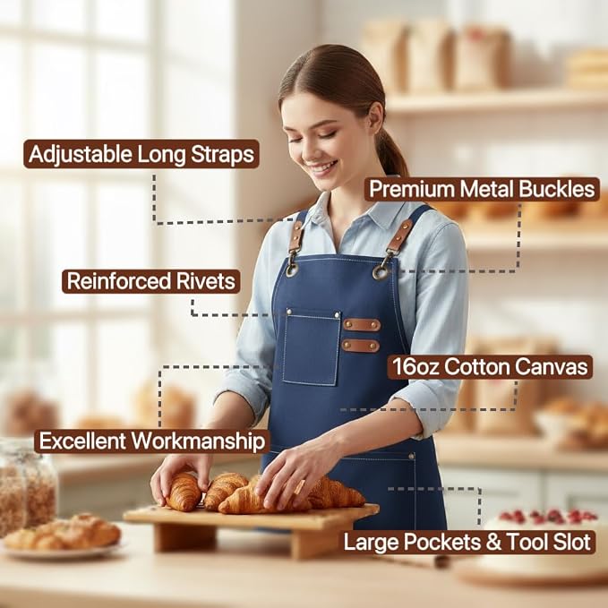 Aprons for Men Women with 3 Pockets, 16oz Cotton Canvas Chef Apron | Crossback Heavy Duty Kitchen Apron for Cooking, Durable Work Apron for Grilling, Baking, Hairstylist, Bartender, Barista, Art - Image 5