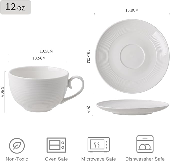 4pcs White Coffee Cups with Saucers, 10oz Ceramic Cappuccino Cups, Microwave & Dishwasher Safe, for Home, Cafe